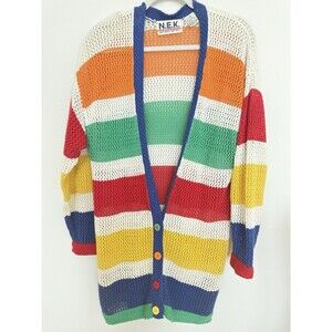 N.E.K. Northeast Knitters  Multi - Color Block Cardigan Sz M. Ramie/Cotton Blend